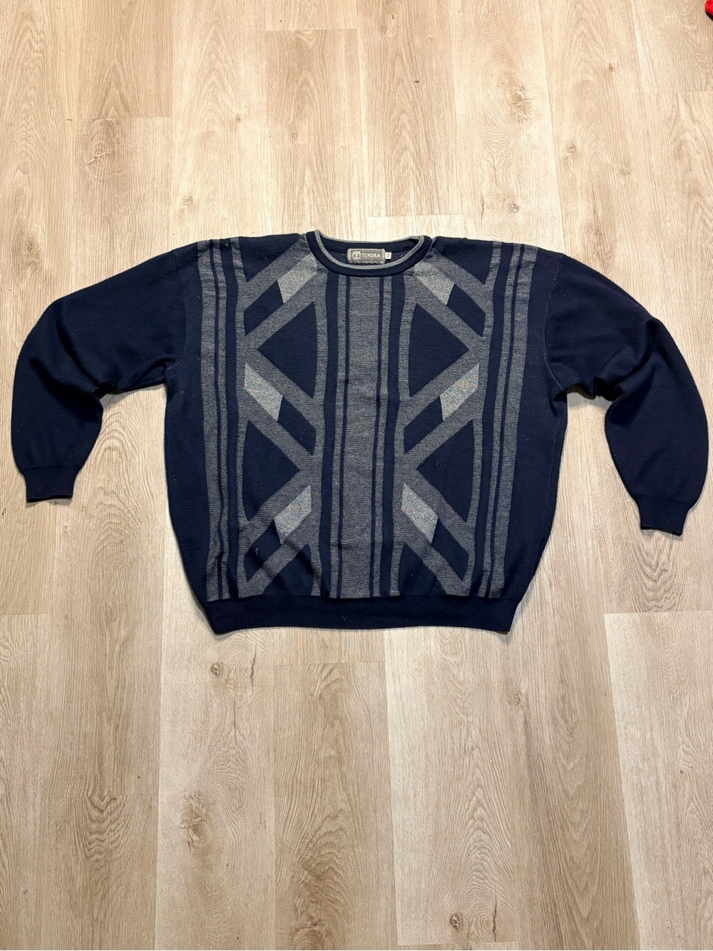 Vintage Tundra Blue & White Sweater Size XXL Distressed Wool Blend 90s Grunge